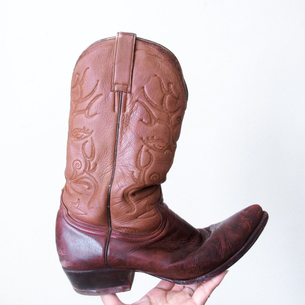 VINTAGE Western Embroidered Leather Cowboy Boots Brown Mid Calf Size Mens 9 - Picture 7 of 12